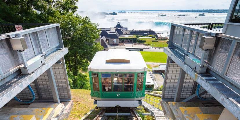 Incline Railway car transporting visitors with Horseshoe Falls in the background at Niagara Falls