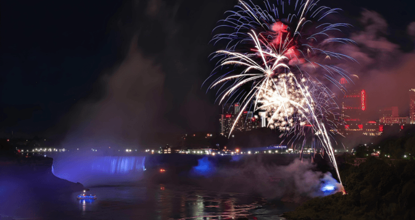 Fireworks display over Niagara Falls at night.
